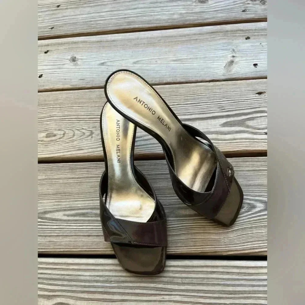 Antonio Melani Brown Patent Leather Heeled Sandal Sz 7.5